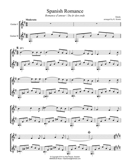 Spanish Romance Romanza For Easy Guitar Duo Sheet Music