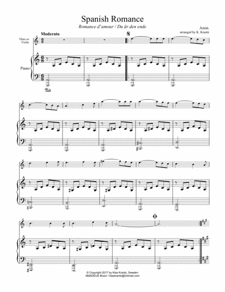 Spanish Romance Romanza For Flute Or Violin And Easy Piano Sheet Music