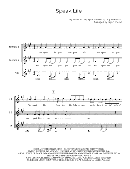 Free Sheet Music Speak Life Ssa A Cappella