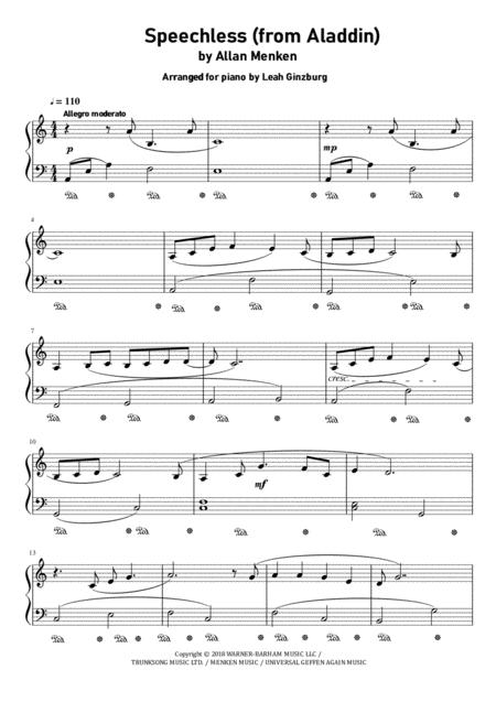 Speechless From Aladdin Movie By Alan Menken Performed By Naomi Scott Arranged For Piano By Leah Ginzburg Sheet Music