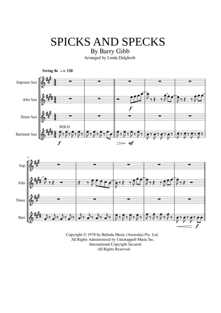 Free Sheet Music Spicks And Specks Saxophone Quartet Satbar