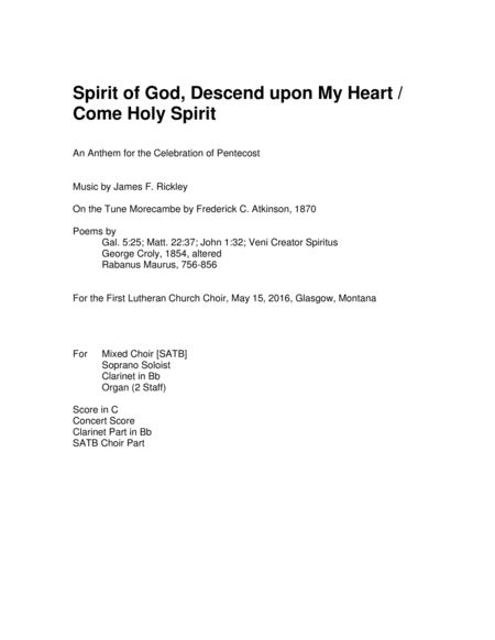 Spirit Of God Descend Upon My Heart Come Holy Spirit Sheet Music