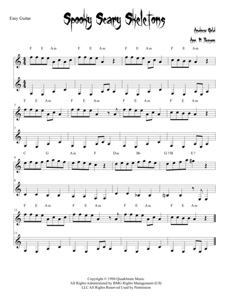 Spooky Scary Skeletons Easy Guitar Duet Trio Sheet Music