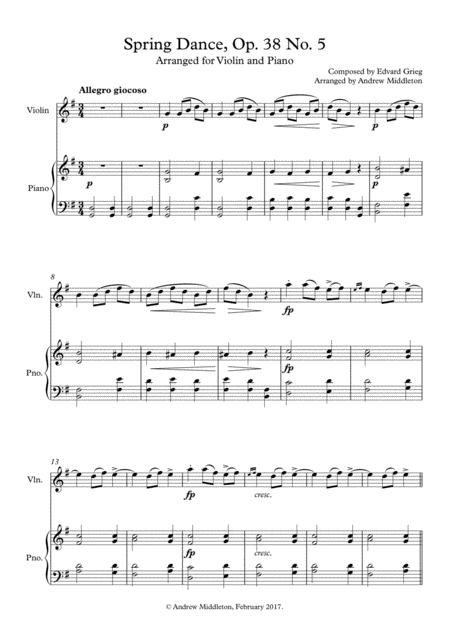 Free Sheet Music Spring Dance Op 38 No 5 For Violin Piano