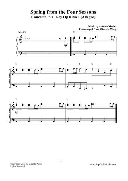 Spring From Four Seasons By Vivaldi C Key For Piano Solo Sheet Music