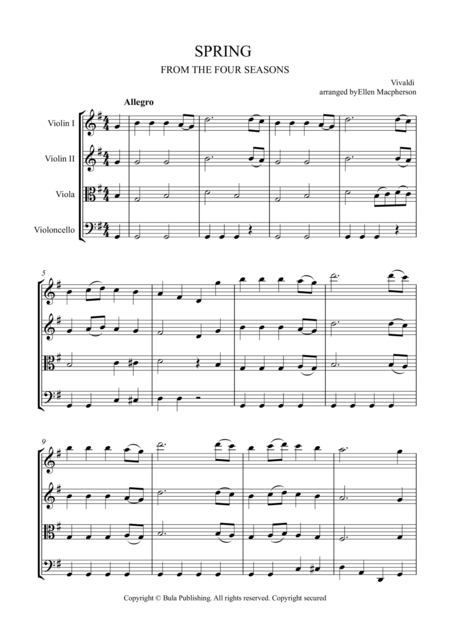 Spring From The Four Seasons Easy String Quartet Music Sheet Music