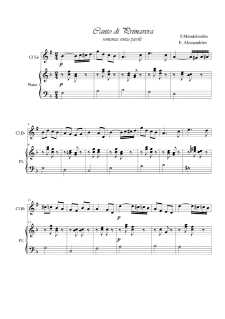Free Sheet Music Spring Song From Romances Without Words Clarinet And Piano