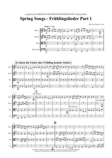 Spring Songs Frhlingslieder Part 1 German Folk Songs String Quartet Sheet Music