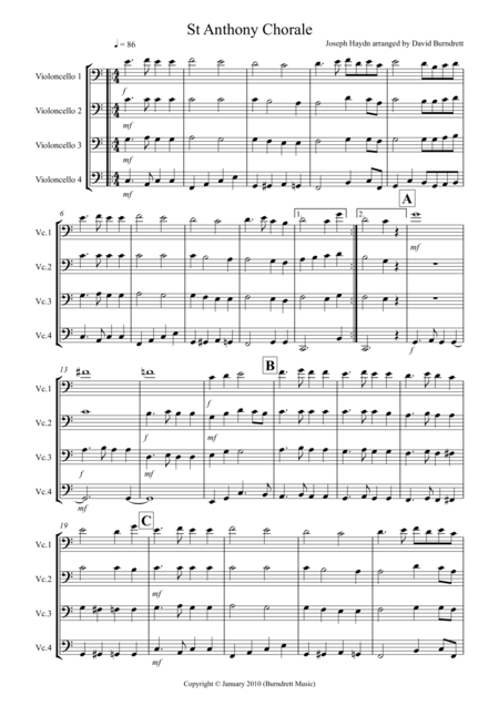 Free Sheet Music St Anthony Chorale For Cello Quartet