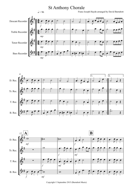 St Anthony Chorale For Recorder Quartet Sheet Music