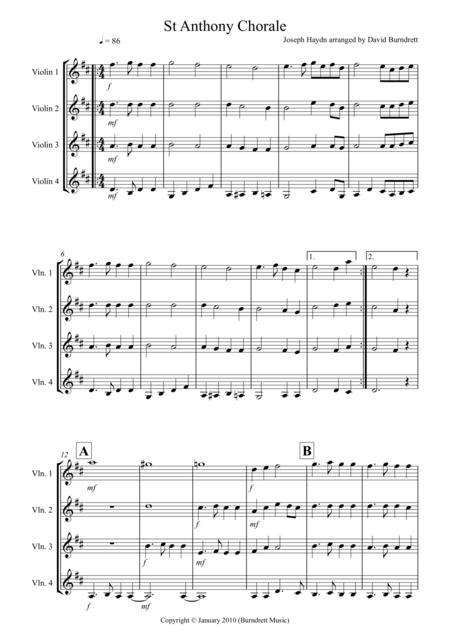 Free Sheet Music St Anthony Chorale For Violin Quartet