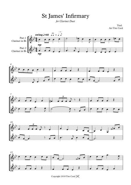 Free Sheet Music St James Infirmary For Clarinet Duet