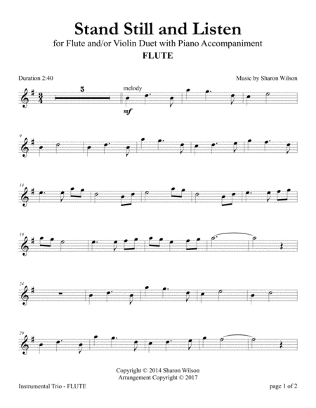 Stand Still And Listen Flute And Or Violin Duet With Piano Accompaniment Sheet Music