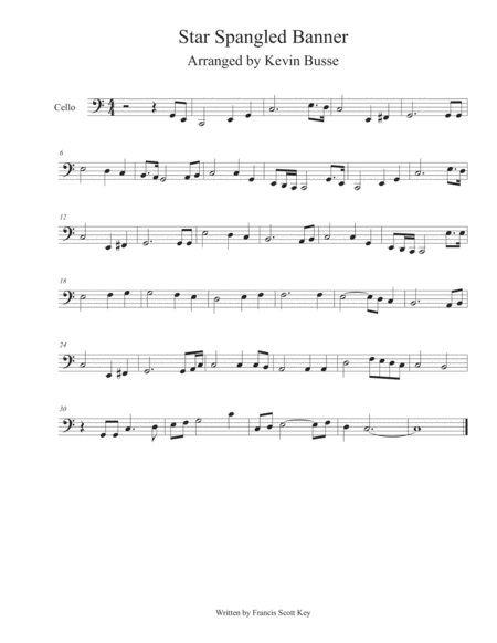 Star Spangled Banner Easy Key Of C Cello Sheet Music