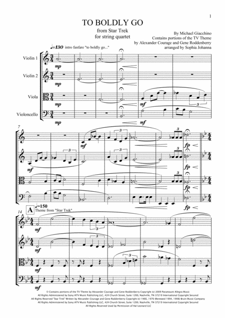 Star Trek Theme For String Quartet To Boldly Go Sheet Music