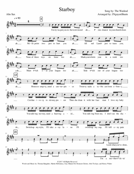 Starboy Alto Saxophone Sheet Music