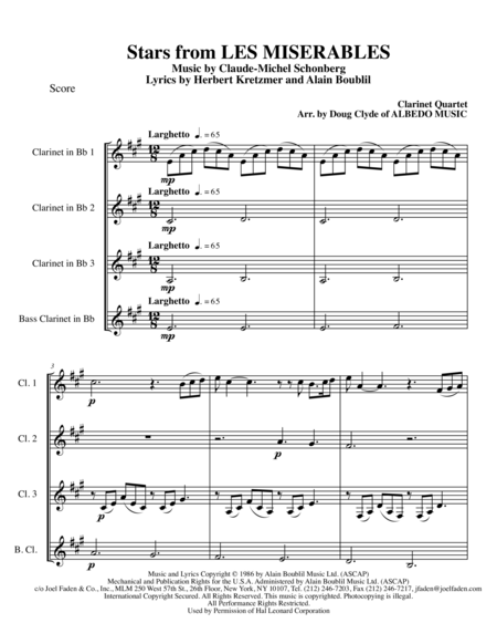 Free Sheet Music Stars From Les Miserables For Clarinet Quartet