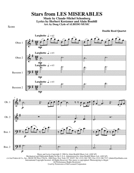 Stars From Les Miserables For Double Reed Quartet Sheet Music