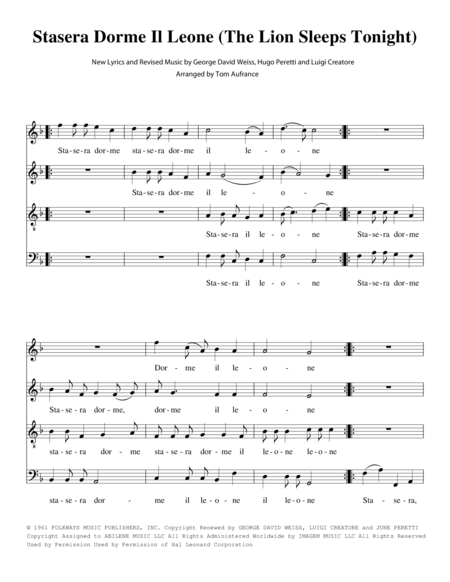 Stasera Dorme Il Leone The Lion Sleeps Tonight Sheet Music