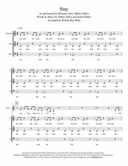 Stay Sab A Cappella Sheet Music