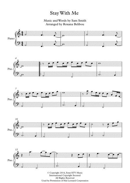 Free Sheet Music Stay With Me By Sam Smith Easy Piano
