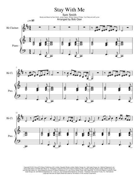 Stay With Me Sam Smith Clarinet Piano Sheet Music