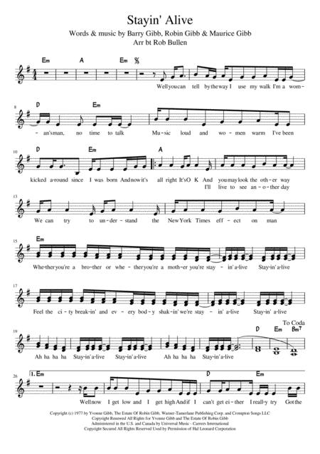 Free Sheet Music Stayin Alive