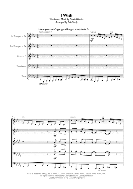 Stevie Wonder I Wish For Brass Quintet Sheet Music