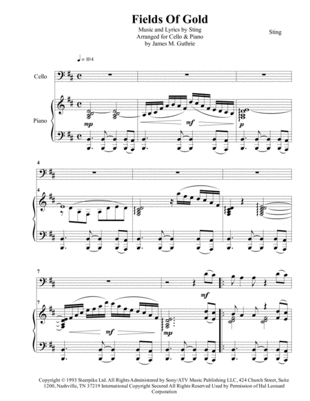 Sting Fields Of Gold For Cello Piano Sheet Music