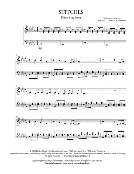 Free Sheet Music Stitches Simplified Piano Solo Shawn Mendes