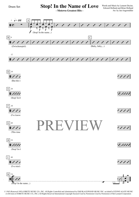 Stop In The Name Of Love Drum Set Transcription Of The Original Supremes Motown Recording Sheet Music