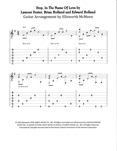 Stop In The Name Of Love For Fingerstyle Guitar Tuned Cgdgad Sheet Music