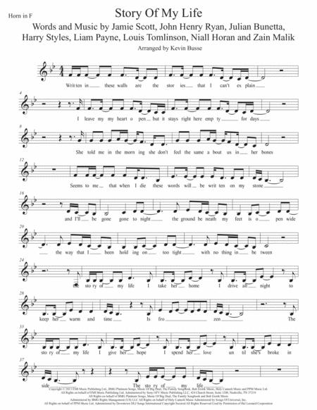 Story Of My Life Original Key Horn In F Sheet Music