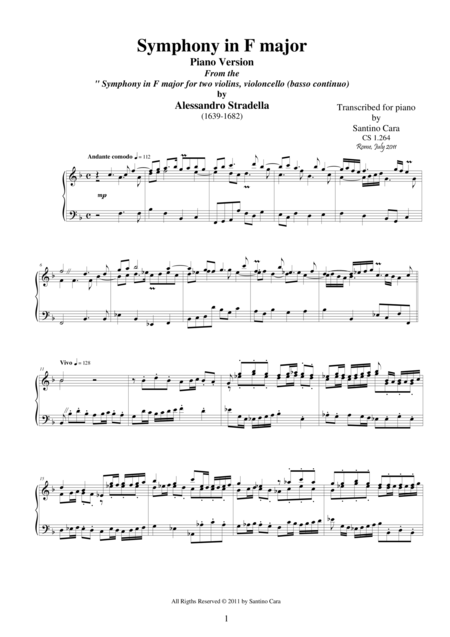 Stradella A Symphony In F Major Piano Version Sheet Music