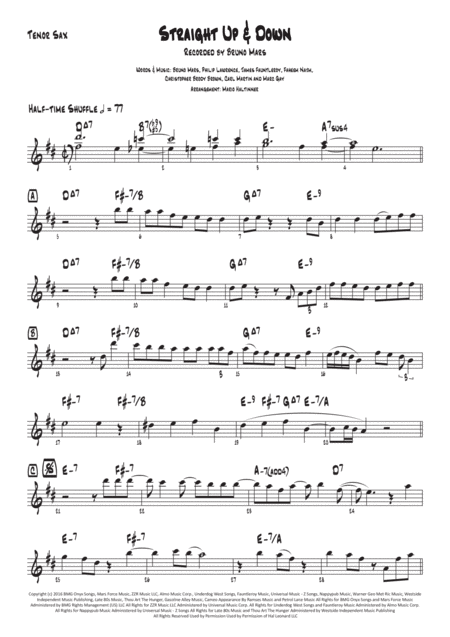 Straight Up Down Bruno Mars Tenor Sax Sheet Music