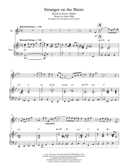 Stranger On The Shore For Flute Solo With Piano Accompaniment Sheet Music