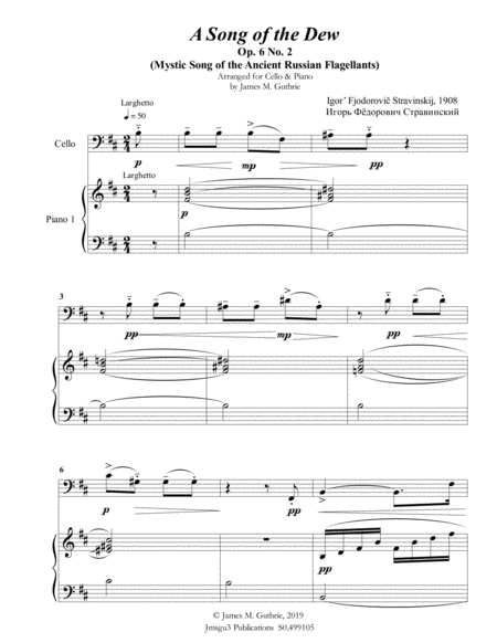 Stravinsky Song Of The Dew Op 6 No 2 For Cello Piano Sheet Music