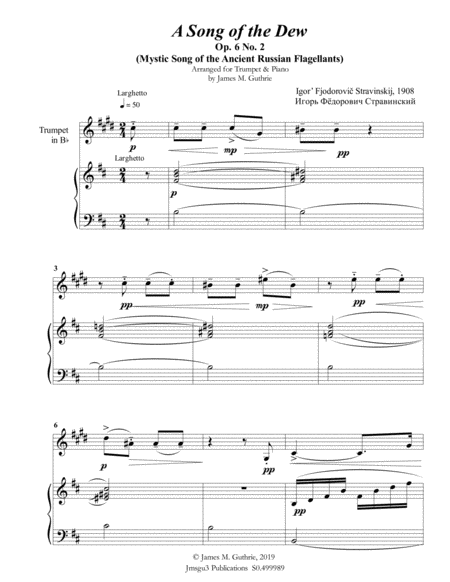 Stravinsky Song Of The Dew Op 6 No 2 For Trumpet Piano Sheet Music