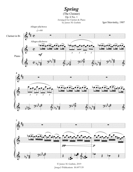 Stravinsky Spring Op 6 No 1 For Clarinet Piano Sheet Music