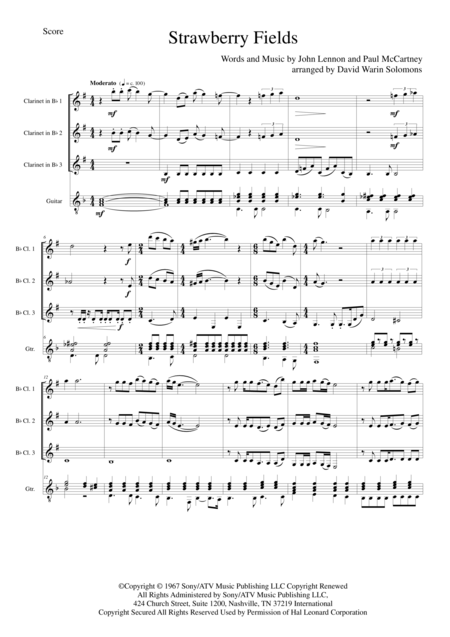 Strawberry Fields For Clarinet Trio And Guitar Sheet Music