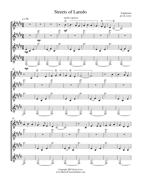 Free Sheet Music Streets Of Laredo Guitar Quartet Score And Parts