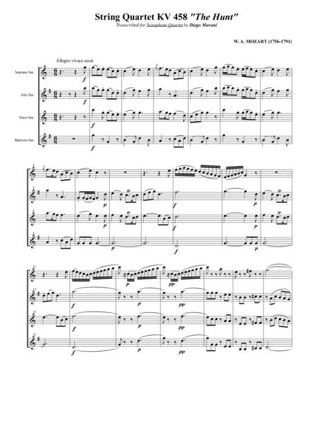 String Quartet Kv 458 The Hunt For Saxophone Quartet Satb Sheet Music