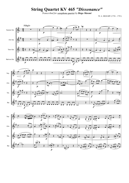 String Quartet Kv 465 Dissonance For Saxophone Quartet Satb Sheet Music