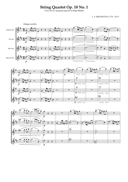 String Quartet Op 18 No 1 For Saxophone Quartet Satb Sheet Music