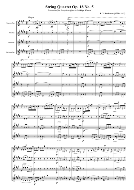 String Quartet Op 18 No 5 For Saxophone Quartet Satb Sheet Music