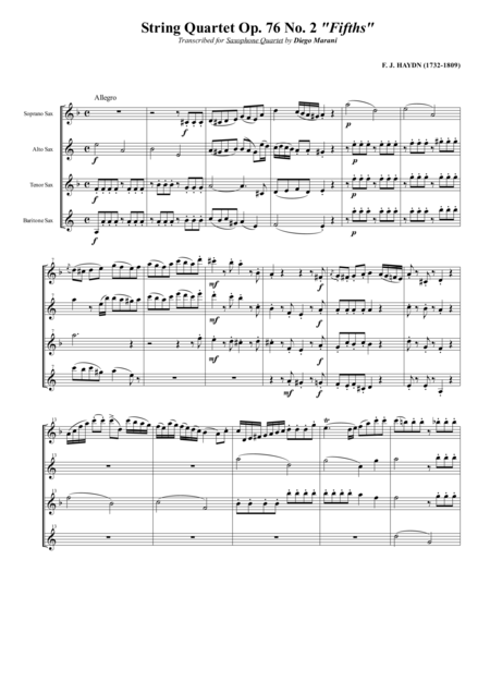 String Quartet Op 76 No 2 Fifths For Saxophone Quartet Satb Sheet Music