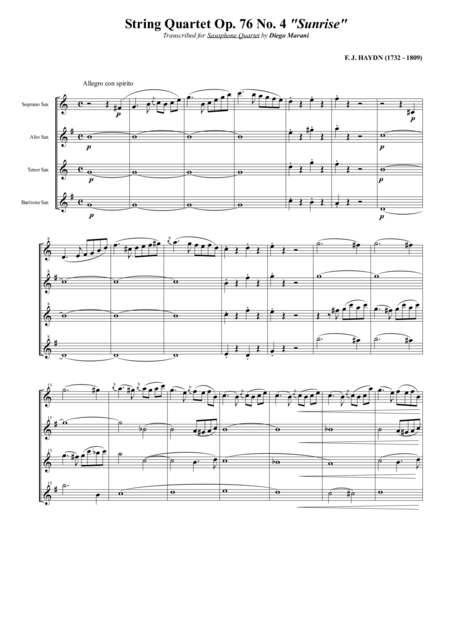 String Quartet Op 76 No 4 Sunrise For Saxophone Quartet Satb Sheet Music