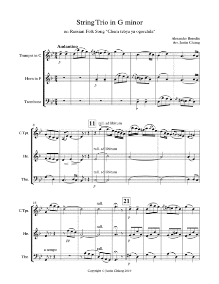 String Trio In G Minor For Brass Trio Alexander Borodin Sheet Music