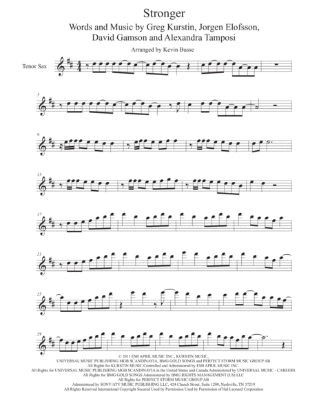 Free Sheet Music Stronger Original Key Tenor Sax