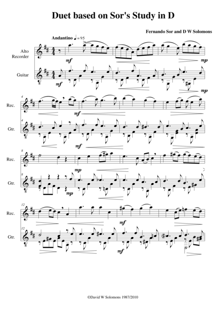 Free Sheet Music Study In D For Guitar With Added Tune For Alto Recorder